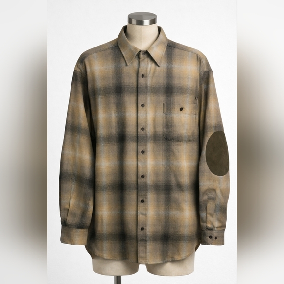 Vintage Pendleton Trail Shirt XL Tan Plaid Suede Elbow Patches No Flaws - Picture 2 of 11